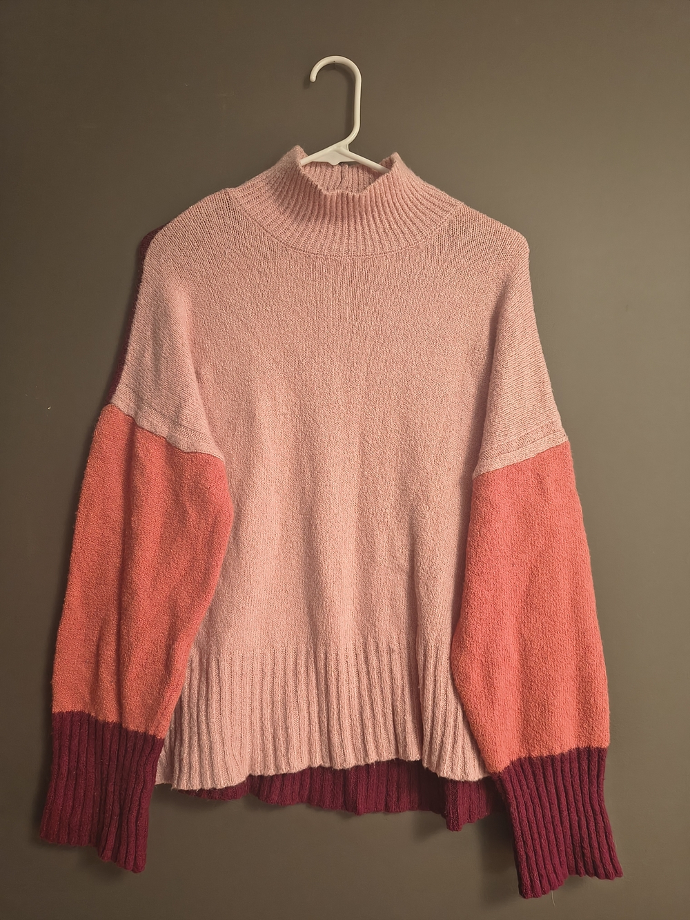 Time and Tru Pink and Coral Mock Neck Colorblock Sweater
